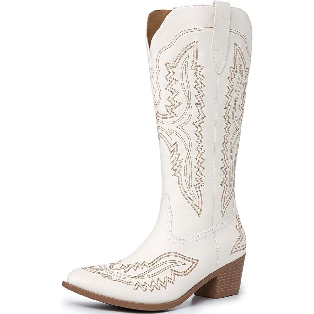 ⚡Women's White Square Toe Cowgirl Boot Low Chunky Heel Embroidery Mid Calf